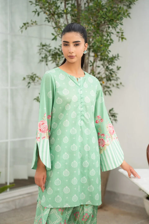 Mint green 2 piece ready to wear lawn suit side view floral print summer Pakistan Beyond East pret 2026