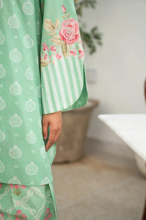 Mint green printed lawn suit floral sleeve lace border close up 2 piece pret Pakistan Beyond East 2026