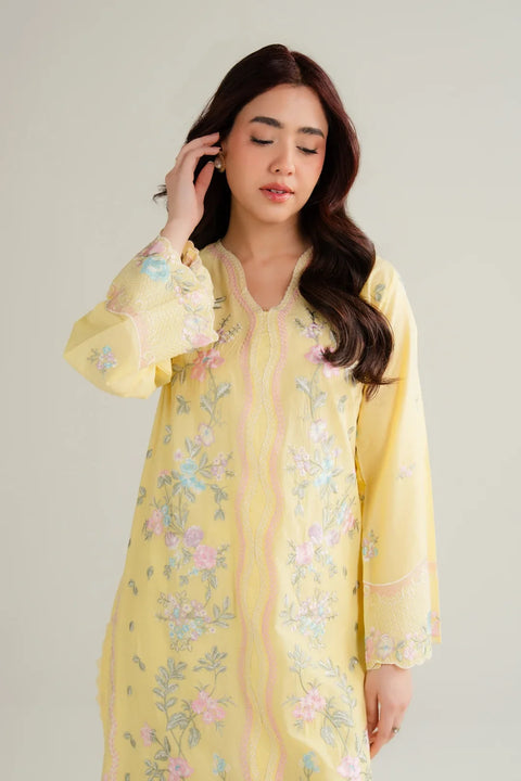 Vibrant yellow pret lawn suit women full view Beyond East Pakistan